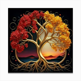 Template: Half red and half black, solid color gradient tree with golden leaves and twisted and intertwined branches 3D oil painting 7 Canvas Print