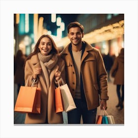 Photo Happy Couple With Shopping Bags Enjoying Night At City 0 Canvas Print