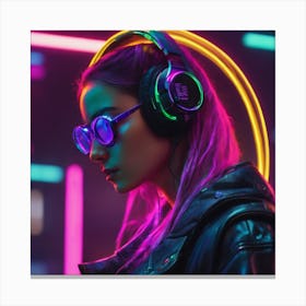 Neon Girl With Headphones Canvas Print