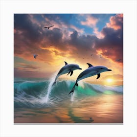 Dolphins Jumping At Sunset Canvas Print