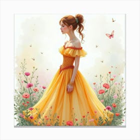 Gorgeous Woman In Watercolor Dress, Whimsical Fairytale Scene 1 Canvas Print