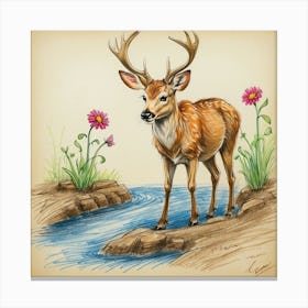 Deer By The Stream Canvas Print