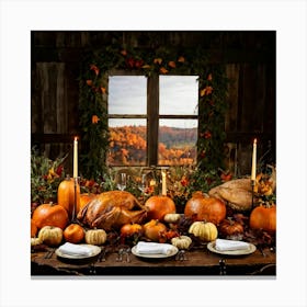 Autumn Feast Featuring Roasted Turkey Garnished With Fresh Herbs Surrounded By Carved Pumpkins Din Canvas Print