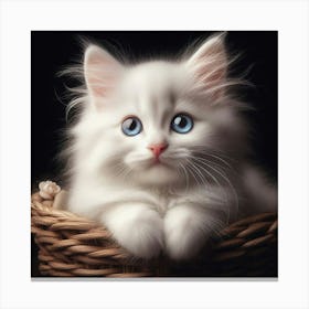 White Cat In A Basket Canvas Print