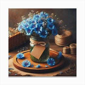 Blue Flowers In A Mason Jar 2 Canvas Print