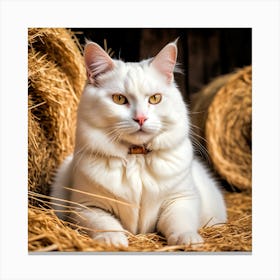 White Cat On Hay Canvas Print