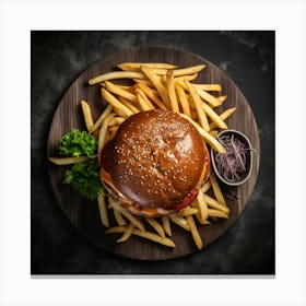 Hamburger And Fries On A Plate Canvas Print