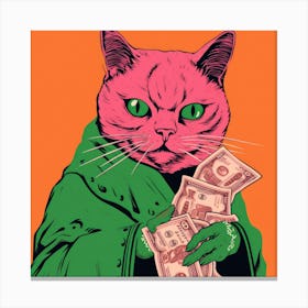 Pink Cat With Money Canvas Print