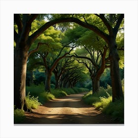 A Winding Forest Path Lined With Ancient, Majestic Green Trees, Their Branches Forming A Natural Archway Overhead Canvas Print