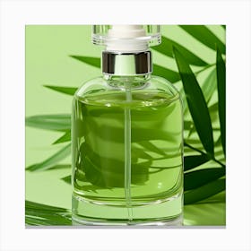 Green Bottle Of Perfume On Green Background Canvas Print