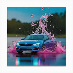 Blue Car Splashing In Water Canvas Print