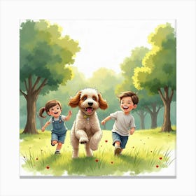 A Lively Cockapoo Running Around With A Family In A Park, Watercolor 1 Canvas Print