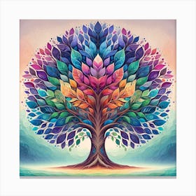 "Vibrant Vitality: The Tree of Life" - This art piece presents the Tree of Life, a universal symbol of growth, rebirth, and the interconnectedness of all living things, rendered in a spectacular spectrum of colors. Each leaf is detailed with unique patterns, signifying individuality within the collective whole. The warm oranges, fiery reds, and cool blues to tranquil greens create a visual harmony, mirroring the diversity and balance of nature. This stunning depiction is an homage to the beauty of life and the natural world, perfect for those seeking inspiration or a touch of nature's serenity in their environment. A statement piece full of color and life, it is sure to enchant viewers and spark contemplation about the beauty of existence. Canvas Print