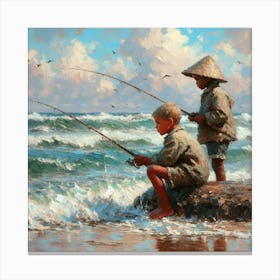 Two Boys Fishing On The Beach Canvas Print