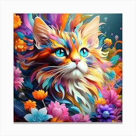 Colorful Cat With Flowers Canvas Print