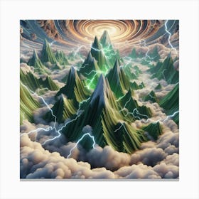 3 Dimensional Mountains With Multiple Green Lightning And White Swirls In A Vortex Of Clouds 4 Canvas Print