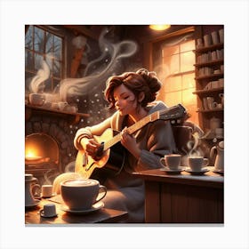 Girl Playing Guitar In The Living Room Canvas Print