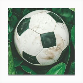 Soccer Ball In Green Leaves Canvas Print