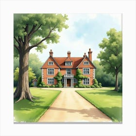 An English Country House With A Sweeping Driveway And Old Trees, Watercolor Canvas Print