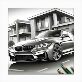 A Pencil Drawing Of A BMW M3 In Front Of A Beautiful Modern Mansion 2 Canvas Print