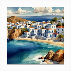 Crete, Greece.Summer on a Greek island. Sea. Sand beach. White houses. Blue roofs. The beauty of the place. Watercolor. Canvas Print