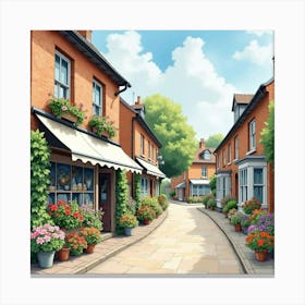 An English Street With A Colorful Flower Shop And Friendly Neighbors, Watercolor 1 Canvas Print