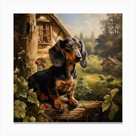 Dachshund On A Log Outside A Cottage Canvas Print