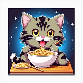Cute cat eating noodle Canvas Print