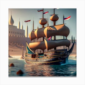 Xebec Ship Sailing On The Sea With Persian Town (2) Canvas Print