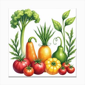 Watercolor Artwork Of Assorted Vegetables And Fruits In An Exquisite Setting 1 Canvas Print