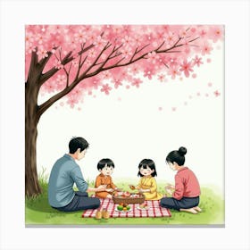 A Peaceful Scene Of A Japanese Family Enjoying A Picnic Under Cherry Blossoms, Watercolor Painting Canvas Print