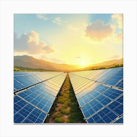 Expansive Solar Farm In Watercolor, With Panels Reflecting The Bright Sun 1 Canvas Print