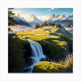 Waterfall In The Mountains Canvas Print