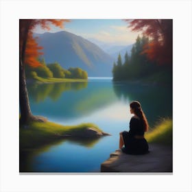 Girl Sitting By The Lake Canvas Print