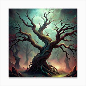 A Twisted, Bare Tree In A Misty Forest Canvas Print