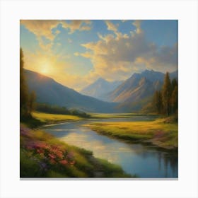 Sunlit Peaks and Flowing Stream Canvas Print