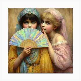 Two Girls Holding A Fan 2 Canvas Print