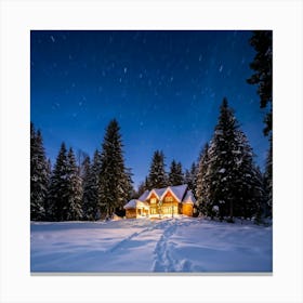 Snow Covered Landscape Under A Starry Sky Capturing A Secluded House Edged By Dense Forest Its Wind Canvas Print