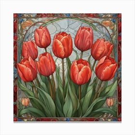 A close up of a stained glass window with flowers, Red Tulips In A Window Canvas Print