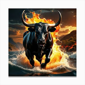 Bull raging through the water in fire Canvas Print