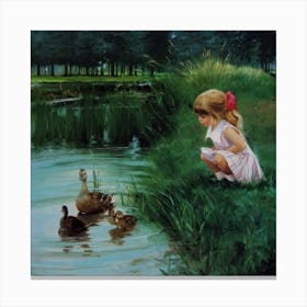 Little Girl With Ducks Canvas Print