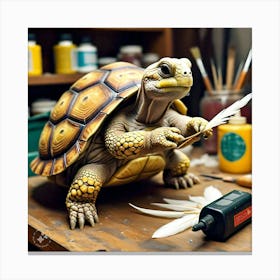 Tortoise Attaching The Feathers To His Shell Using The Special Glue (2) Canvas Print