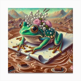 Impressionism Meets Surrealism: A Soft and Surreal Painting of a Frog with Pearl Earrings and a Flower Crown Canvas Print