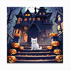 Halloween Cat In Front Of House 3 Canvas Print