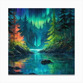 Enchanting Northern Lights Over Serene Forest Lake at Twilight Canvas Print