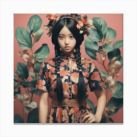 Asian Girl In Floral Dress Canvas Print