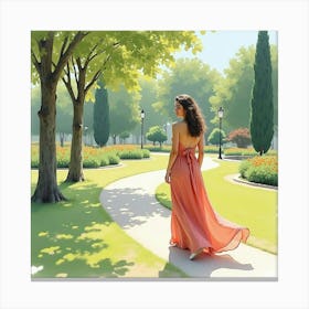 Spanish Woman In A Tranquil Park, Watercolor With Peaceful Shades 1 Canvas Print