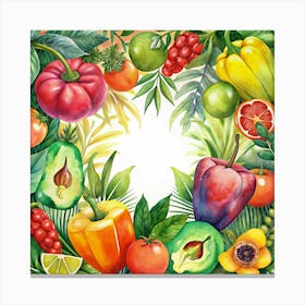 Watercolor Frame Of Tropical Fruits And Vegetables Canvas Print