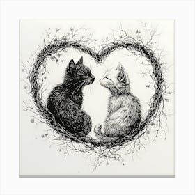 Delicate Ink Drawing of Cats Love Heart Canvas Print