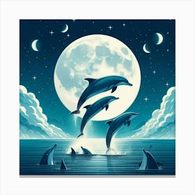 Dolphins Jumping At The Moon Canvas Print